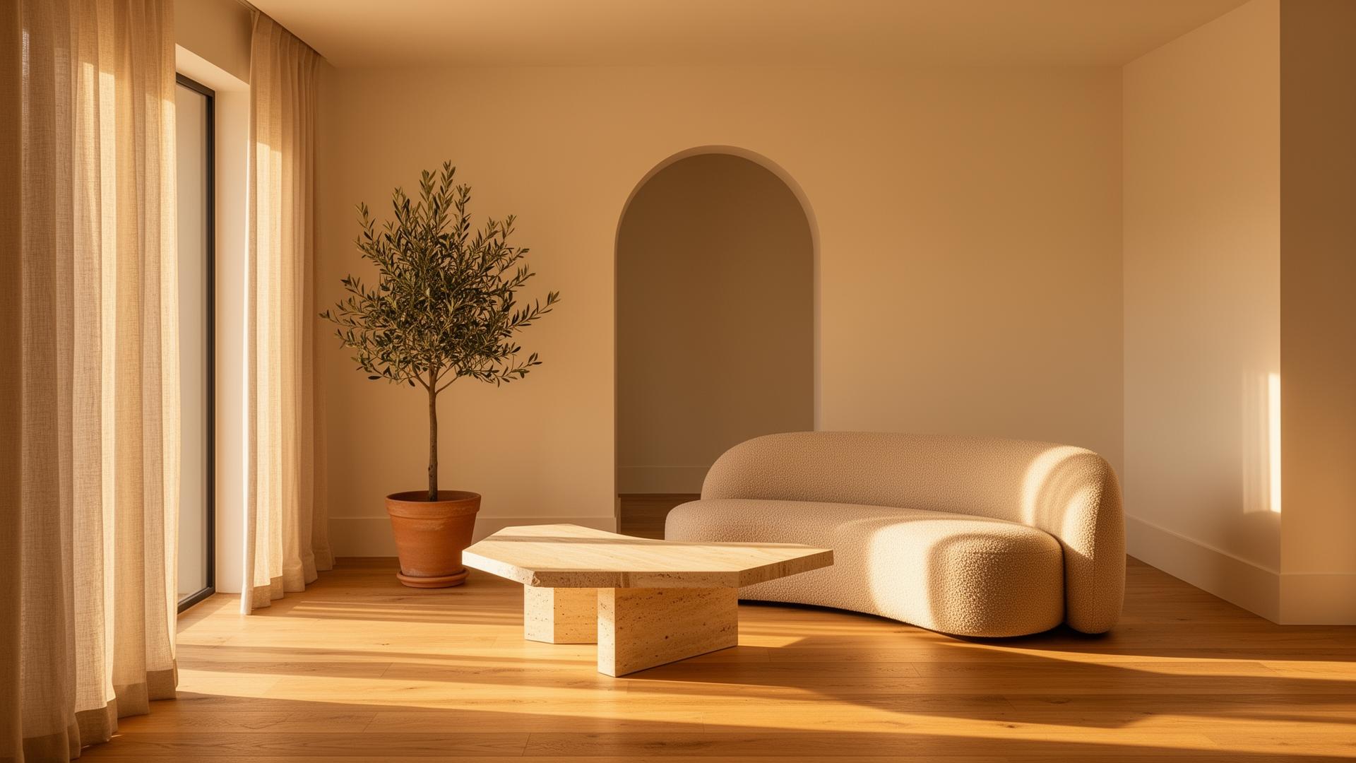 Sunlit warm-toned interior with cream walls and natural materials